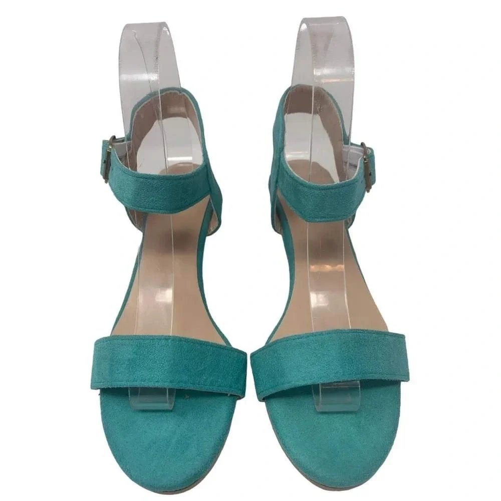 Unbranded Teal Faux Suede Low Wedge Ankle Strap Sandals Size 38 Turquoise